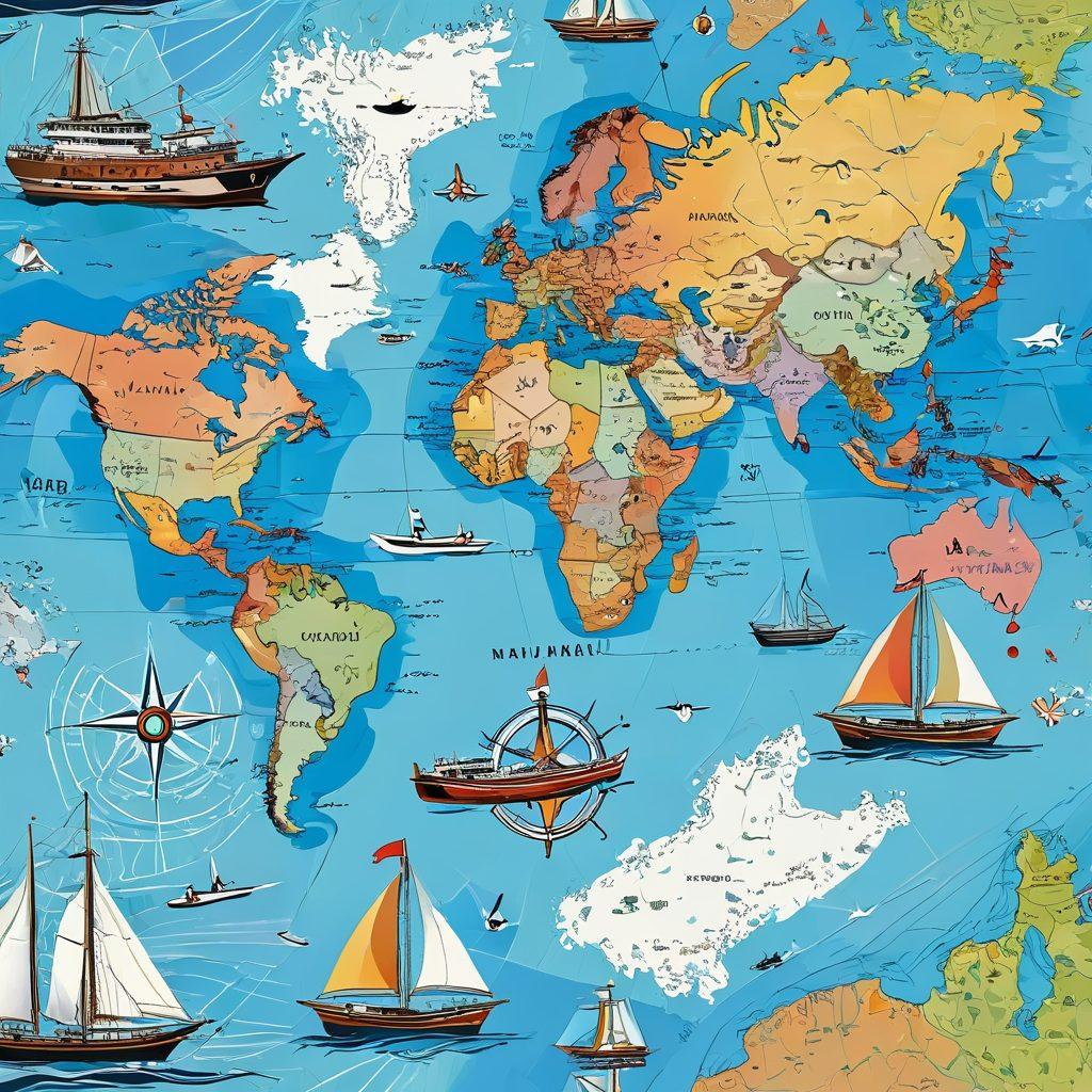 A colorful nautical map overlayed with various vessel types like sailboats, yachts, and cargo ships, each highlighted with insurance symbols. The background features a calm sea and a bright sky to evoke a sense of adventure and security. The compass rose prominently displayed, guiding viewers toward knowledge. super-realistic. vibrant colors. airy and open composition.