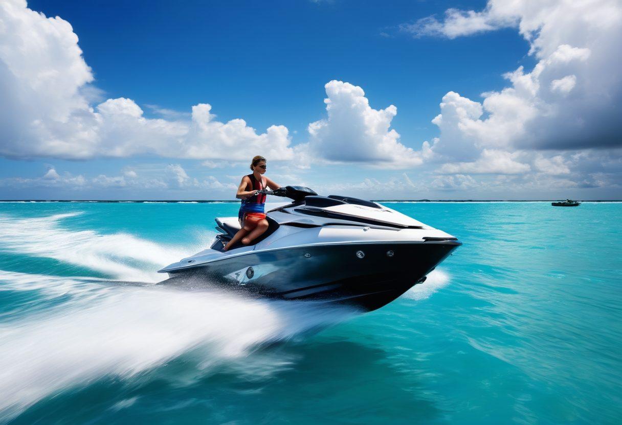 A luxurious yacht gliding through crystal-clear waters, juxtaposed with an energetic rider zipping across on a sleek jet ski. Surround the vessels with a vibrant blue sky and fluffy white clouds, adding elements like life jackets and nautical-themed accessories to create a sense of adventure. Incorporate a subtle overlay of insurance documents or icons to convey the theme of boat insurance. super-realistic. vibrant colors. ocean scene.