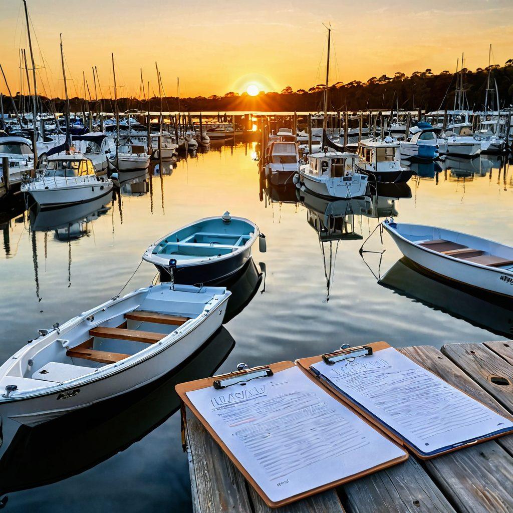 A serene marina at sunset, featuring various boats of different sizes and types gently bobbing in calm waters. In the foreground, a clipboard and pen are laying on a wooden dock, suggesting the importance of documentation for boat insurance. Soft golden hues of the sunset reflect off the water, evoking a sense of adventure and security for boaters. The atmosphere is peaceful yet inviting, capturing the essence of enjoying life on the water while being protected. super-realistic. vibrant colors.